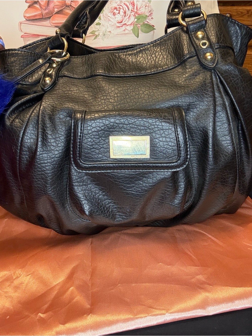 Juicy Couture Black Pebbled Leather Satchel Shoulder Bag Gold Hardware